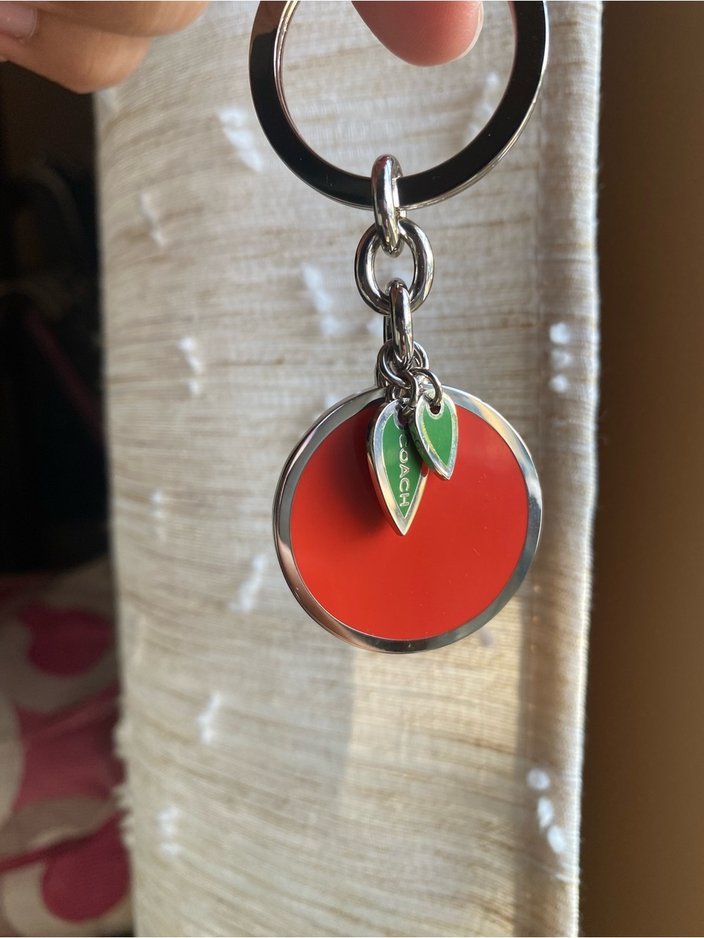 Coach Orange Enamel Keychain Charm with Green Leaf Accents